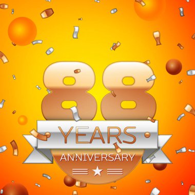 Gerçekçi seksen sekiz yıl yıldönümü kutlamaları tasarım afiş. Altın numaraları ve gümüş kurdele, balon, konfeti turuncu zemin üzerine. Doğum günü partin için renkli vektör şablon öğeleri
