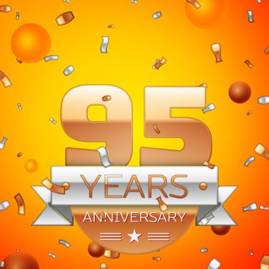 Gerçekçi doksan beş yıl yıldönümü kutlamaları tasarım afiş. Altın numaraları ve gümüş kurdele, balon, konfeti turuncu zemin üzerine. Doğum günü partin için renkli vektör şablon öğeleri
