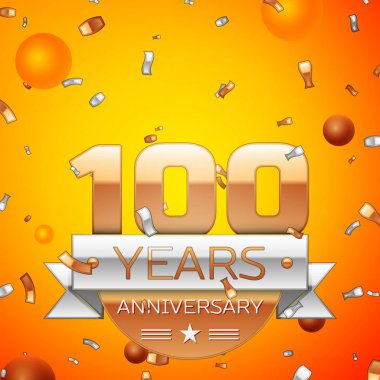 Gerçekçi yüz yıl yıldönümü kutlamaları tasarım afiş. Altın numaraları ve gümüş kurdele, balon, konfeti turuncu zemin üzerine. Doğum günü partin için renkli vektör şablon öğeleri