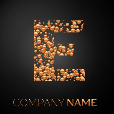 E harfinin logosu altın nokta. Alfabe logo soyut altın kabarcıklar şeklinde siyah arka plan üzerine. Tasarımınız için vektör şablonu