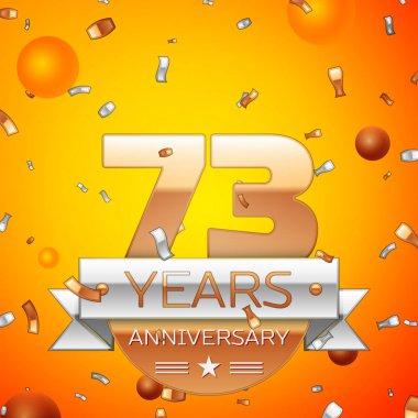 Gerçekçi yetmiş üç yıl yıldönümü kutlamaları tasarım afiş. Altın numaraları ve gümüş kurdele, balon, konfeti turuncu zemin üzerine. Doğum günü partin için renkli vektör şablon öğeleri