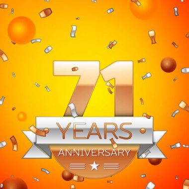 Gerçekçi yetmiş bir yıl yıldönümü kutlamaları tasarım afiş. Altın numaraları ve gümüş kurdele, balon, konfeti turuncu zemin üzerine. Doğum günü partin için renkli vektör şablon öğeleri