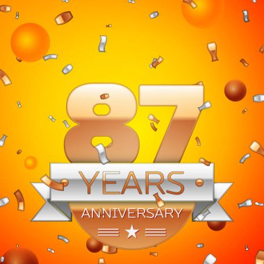 Gerçekçi seksen yedi yıl yıldönümü kutlamaları tasarım afiş. Altın numaraları ve gümüş kurdele, balon, konfeti turuncu zemin üzerine. Doğum günü partin için renkli vektör şablon öğeleri