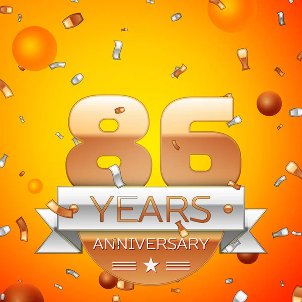 Gerçekçi seksen altı yıl yıldönümü kutlamaları tasarım afiş. Altın numaraları ve gümüş kurdele, balon, konfeti turuncu zemin üzerine. Doğum günü partin için renkli vektör şablon öğeleri