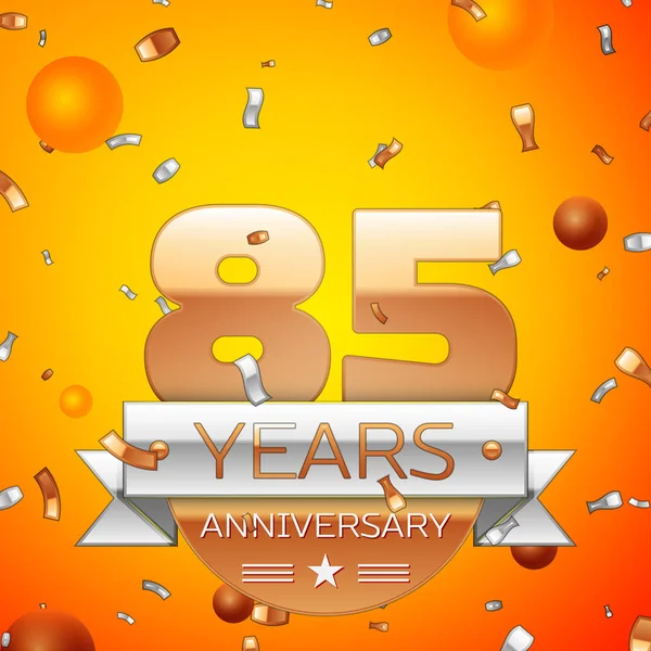 Gerçekçi seksen beş yıl yıldönümü kutlamaları tasarım afiş. Altın numaraları ve gümüş kurdele, balon, konfeti turuncu zemin üzerine. Doğum günü partin için renkli vektör şablon öğeleri