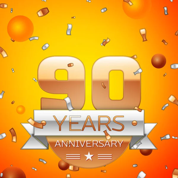 Gerçekçi doksan yıl yıldönümü kutlamaları tasarım afiş. Altın numaraları ve gümüş kurdele, balon, konfeti turuncu zemin üzerine. Doğum günü partin için renkli vektör şablon öğeleri