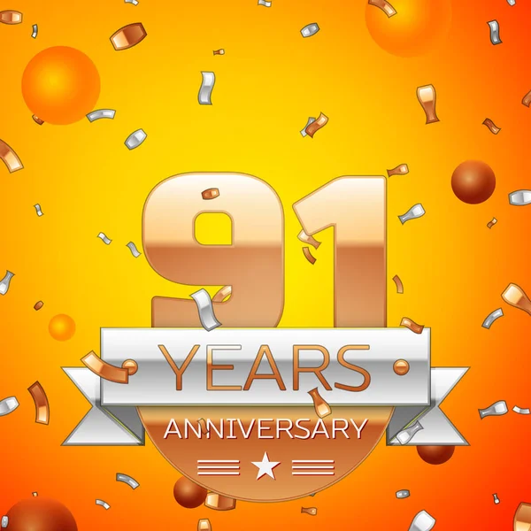 Gerçekçi doksan bir yıl yıldönümü kutlamaları tasarım afiş. Altın numaraları ve gümüş kurdele, balon, konfeti turuncu zemin üzerine. Doğum günü partin için renkli vektör şablon öğeleri