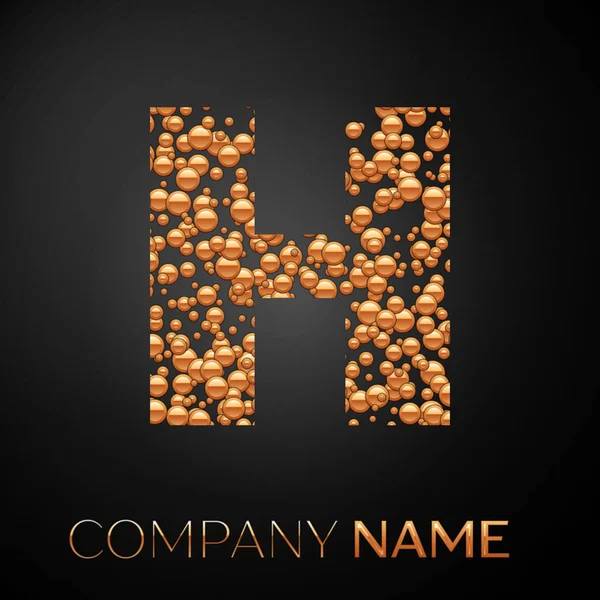 H harfi logosu altın nokta. Alfabe logo soyut altın kabarcıklar şeklinde siyah arka plan üzerine. Tasarımınız için vektör şablonu