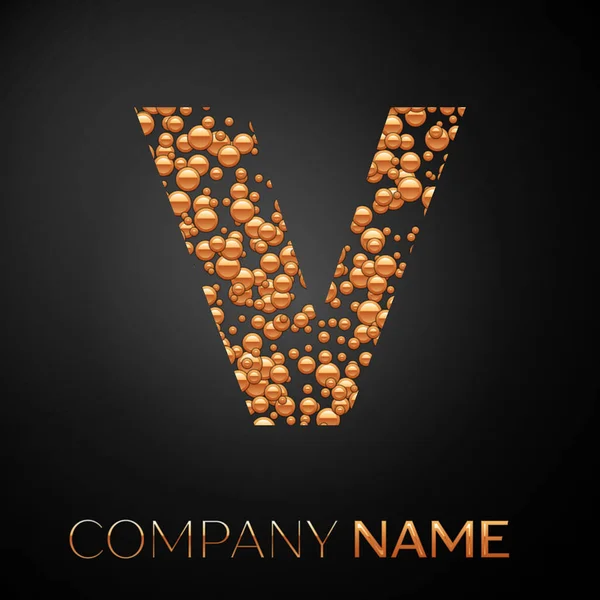 Harf V logosu altın nokta. Alfabe logo soyut altın kabarcıklar şeklinde siyah arka plan üzerine. Tasarımınız için vektör şablonu