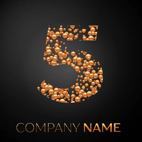 Sayı beş logosu altın nokta. Alfabe logo soyut altın kabarcıklar şeklinde siyah arka plan üzerine. Tasarımınız için vektör şablonu