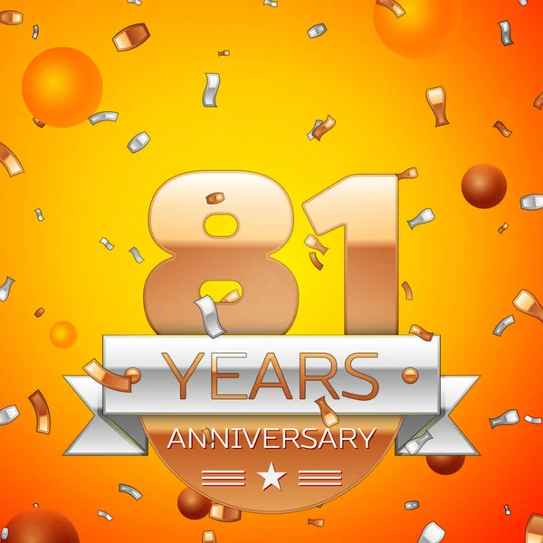 Gerçekçi seksen bir yıl yıldönümü kutlamaları tasarım afiş. Altın numaraları ve gümüş kurdele, balon, konfeti turuncu zemin üzerine. Doğum günü partin için renkli vektör şablon öğeleri