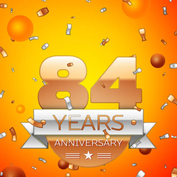 Gerçekçi seksen dört yıl yıldönümü kutlamaları tasarım afiş. Altın numaraları ve gümüş kurdele, balon, konfeti turuncu zemin üzerine. Doğum günü partin için renkli vektör şablon öğeleri