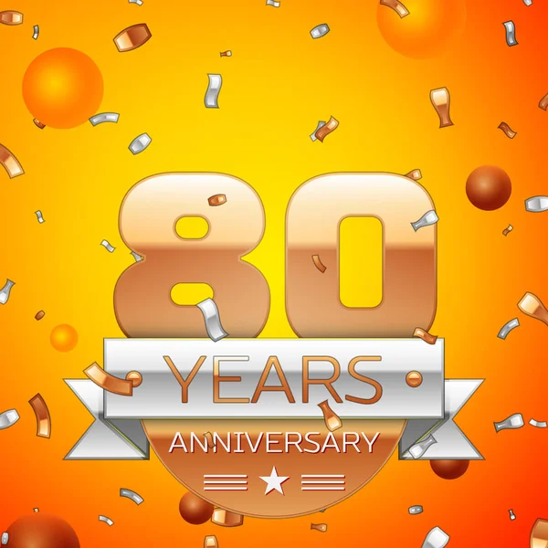 Gerçekçi seksen yıl yıldönümü kutlamaları tasarım afiş. Altın numaraları ve gümüş kurdele, balon, konfeti turuncu zemin üzerine. Doğum günü partin için renkli vektör şablon öğeleri