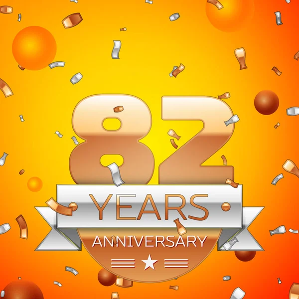 Gerçekçi seksen iki yıl yıldönümü kutlamaları tasarım afiş. Altın numaraları ve gümüş kurdele, balon, konfeti turuncu zemin üzerine. Doğum günü partin için renkli vektör şablon öğeleri