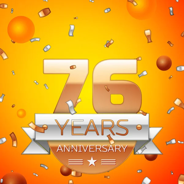 Gerçekçi yetmiş altı yıl yıldönümü kutlamaları tasarım afiş. Altın numaraları ve gümüş kurdele, balon, konfeti turuncu zemin üzerine. Doğum günü partin için renkli vektör şablon öğeleri