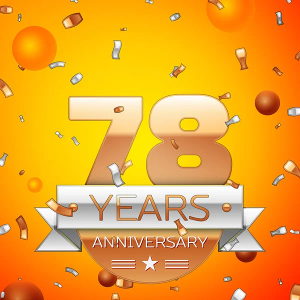 Gerçekçi yetmiş sekiz yıl yıldönümü kutlamaları tasarım afiş. Altın numaraları ve gümüş kurdele, balon, konfeti turuncu zemin üzerine. Doğum günü partin için renkli vektör şablon öğeleri