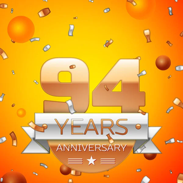 Gerçekçi doksan dört yıl yıldönümü kutlamaları tasarım afiş. Altın numaraları ve gümüş kurdele, balon, konfeti turuncu zemin üzerine. Doğum günü partin için renkli vektör şablon öğeleri
