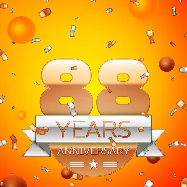 Gerçekçi seksen sekiz yıl yıldönümü kutlamaları tasarım afiş. Altın numaraları ve gümüş kurdele, balon, konfeti turuncu zemin üzerine. Doğum günü partin için renkli vektör şablon öğeleri