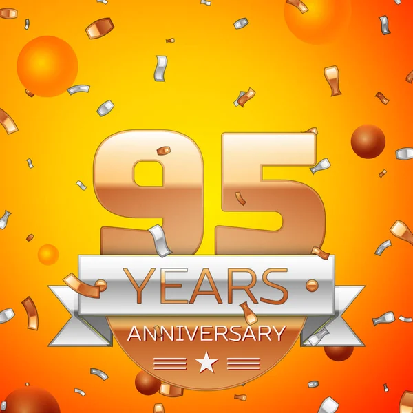 Gerçekçi doksan beş yıl yıldönümü kutlamaları tasarım afiş. Altın numaraları ve gümüş kurdele, balon, konfeti turuncu zemin üzerine. Doğum günü partin için renkli vektör şablon öğeleri