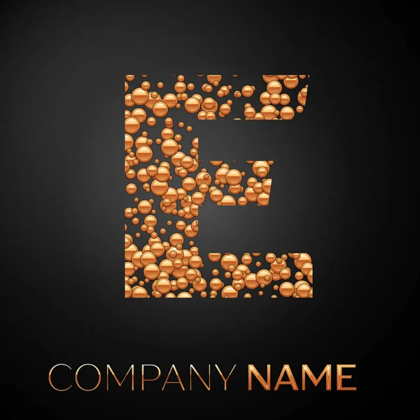 E harfinin logosu altın nokta. Alfabe logo soyut altın kabarcıklar şeklinde siyah arka plan üzerine. Tasarımınız için vektör şablonu