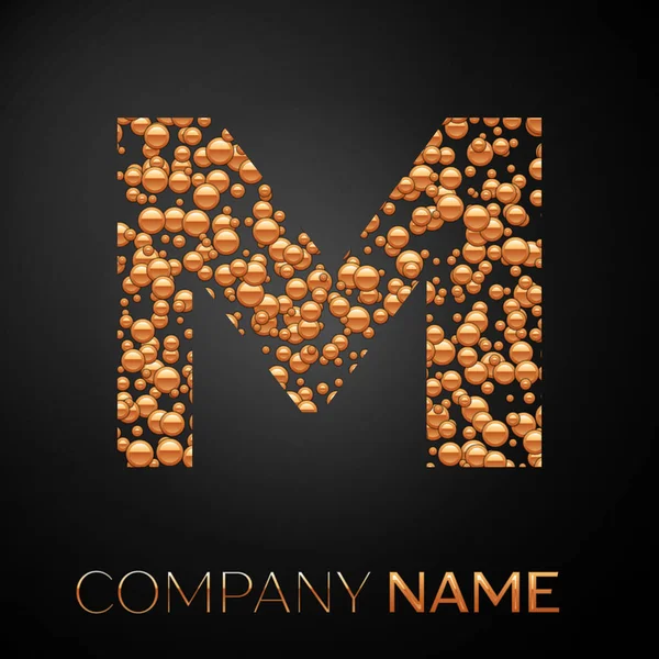 Harf M logosu altın nokta. Alfabe logo soyut altın kabarcıklar şeklinde siyah arka plan üzerine. Tasarımınız için vektör şablonu