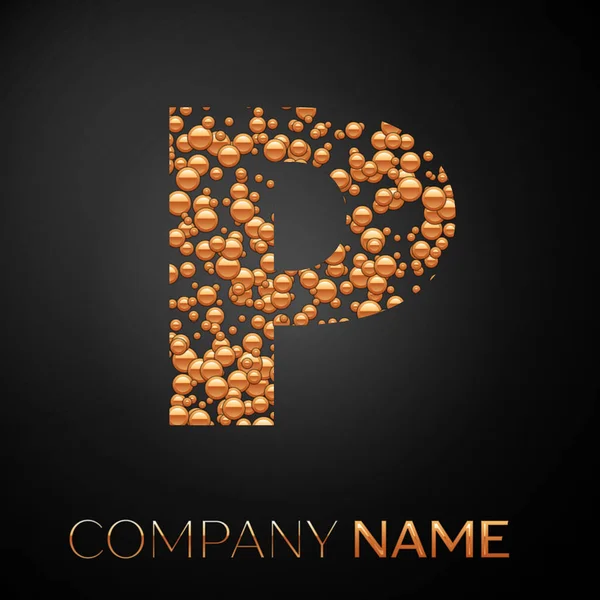 P harfi logosu altın nokta. Alfabe logo soyut altın kabarcıklar şeklinde siyah arka plan üzerine. Tasarımınız için vektör şablonu