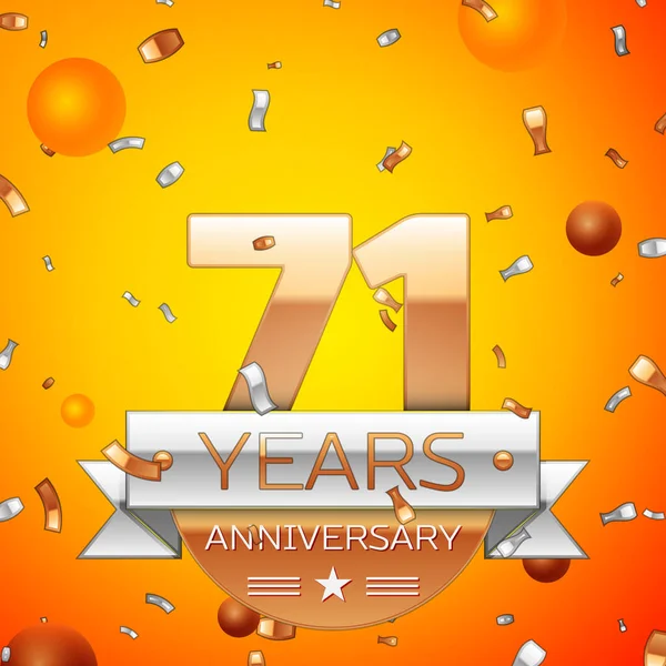 Gerçekçi yetmiş bir yıl yıldönümü kutlamaları tasarım afiş. Altın numaraları ve gümüş kurdele, balon, konfeti turuncu zemin üzerine. Doğum günü partin için renkli vektör şablon öğeleri