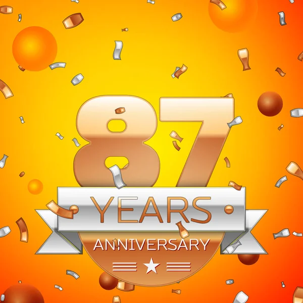 Gerçekçi seksen yedi yıl yıldönümü kutlamaları tasarım afiş. Altın numaraları ve gümüş kurdele, balon, konfeti turuncu zemin üzerine. Doğum günü partin için renkli vektör şablon öğeleri