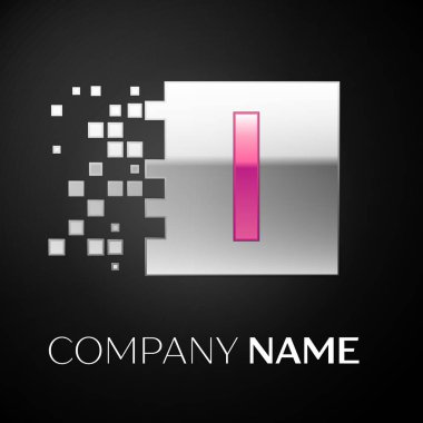 Pembe harf ı logo sembol siyah arka plan üzerine parçalanmış bloklarla gümüş renkli meydanında. Tasarımınız için vektör şablonu