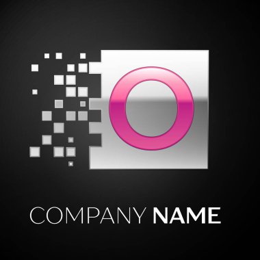Gümüş renkli kare siyah arka plan üzerine parçalanmış bloklarla pembe harf O logo simge. Tasarımınız için vektör şablonu