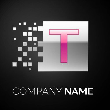 Gümüş renkli kare siyah arka plan üzerine parçalanmış bloklarla pembe mektup T logo simge. Tasarımınız için vektör şablonu