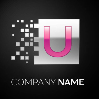 Gümüş renkli kare siyah arka plan üzerine parçalanmış bloklarla pembe harf U logo simge. Tasarımınız için vektör şablonu