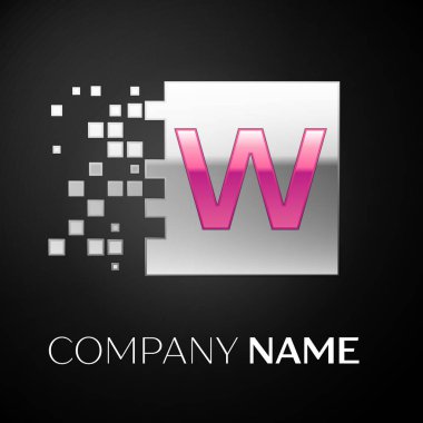 Pembe mektup W logo sembol siyah arka plan üzerine parçalanmış bloklarla gümüş renkli meydanında. Tasarımınız için vektör şablonu