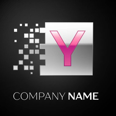 Gümüş renkli kare siyah arka plan üzerine parçalanmış bloklarla pembe mektup Y logo simge. Tasarımınız için vektör şablonu