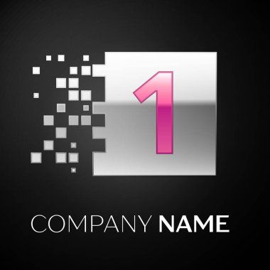 Gümüş renkli kare siyah arka plan üzerine parçalanmış bloklarla pembe bir logo simge. Tasarımınız için vektör şablonu