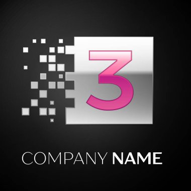 Pembe üç numara logo sembol siyah arka plan üzerine parçalanmış bloklarla gümüş renkli meydanında. Tasarımınız için vektör şablonu