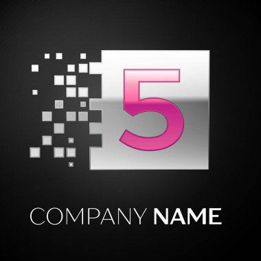 Pembe beş numara logo sembol siyah arka plan üzerine parçalanmış bloklarla gümüş renkli meydanında. Tasarımınız için vektör şablonu