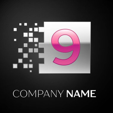 Pembe Number Nine logo sembol siyah arka plan üzerine parçalanmış bloklarla gümüş renkli meydanında. Tasarımınız için vektör şablonu