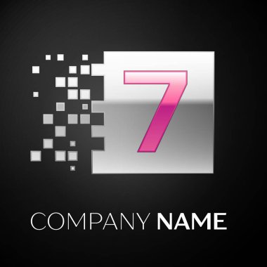 Pembe yedi numara logo sembol siyah arka plan üzerine parçalanmış bloklarla gümüş renkli meydanında. Tasarımınız için vektör şablonu