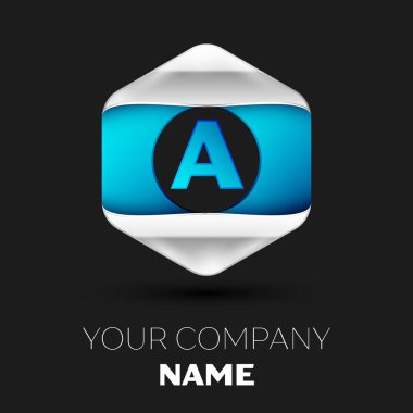 Gerçekçi mavi mektup logo sembol siyah arka plan üzerinde renkli gümüş-mavi altıgen şeklinde. Tasarımınız için vektör şablonu