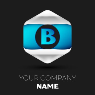 Gerçekçi mavi mektup B logo sembol siyah arka plan üzerinde renkli gümüş-mavi altıgen şeklinde. Tasarımınız için vektör şablonu