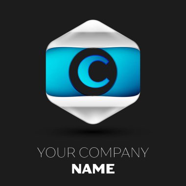 Gerçekçi mavi mektup C logo sembol siyah arka plan üzerinde renkli gümüş-mavi altıgen şeklinde. Tasarımınız için vektör şablonu