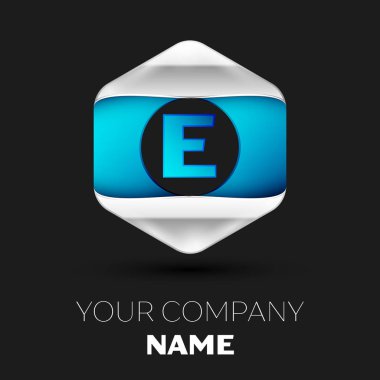 Gerçekçi mavi mektup E logo sembol siyah arka plan üzerinde renkli gümüş-mavi altıgen şeklinde. Tasarımınız için vektör şablonu