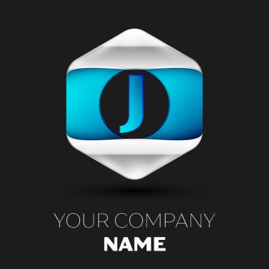 Gerçekçi mavi mektup J logo sembol siyah arka plan üzerinde renkli gümüş-mavi altıgen şeklinde. Tasarımınız için vektör şablonu