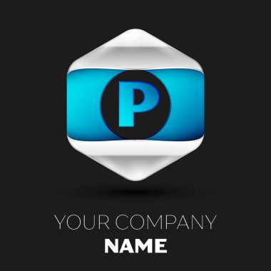 Gerçekçi mavi mektup P logo sembol siyah arka plan üzerinde renkli gümüş-mavi altıgen şeklinde. Tasarımınız için vektör şablonu