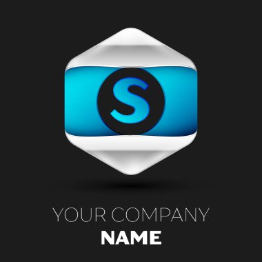 Gerçekçi S harfi mavi logo sembol siyah arka plan üzerinde renkli gümüş-mavi altıgen şeklinde. Tasarımınız için vektör şablonu
