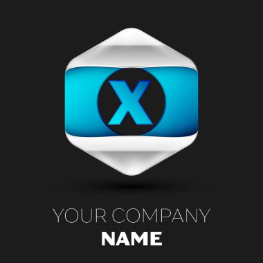 Gerçekçi mavi mektup X logo sembol siyah arka plan üzerinde renkli gümüş-mavi altıgen şeklinde. Tasarımınız için vektör şablonu