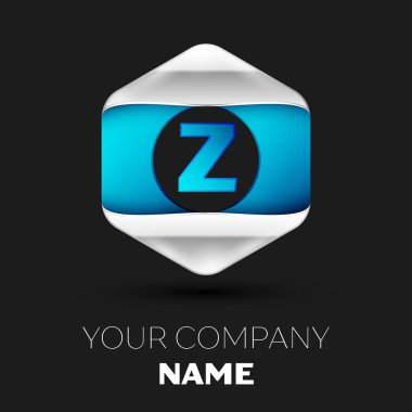 Gerçekçi mavi mektup Z logo sembol siyah arka plan üzerinde renkli gümüş-mavi altıgen şeklinde. Tasarımınız için vektör şablonu