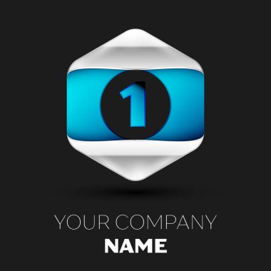 Gerçekçi mavi bir logo sembol siyah arka plan üzerinde renkli gümüş-mavi altıgen şeklinde. Tasarımınız için vektör şablonu
