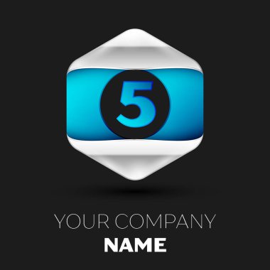 Gerçekçi mavi beş numara logo sembol siyah arka plan üzerinde renkli gümüş-mavi altıgen şeklinde. Tasarımınız için vektör şablonu